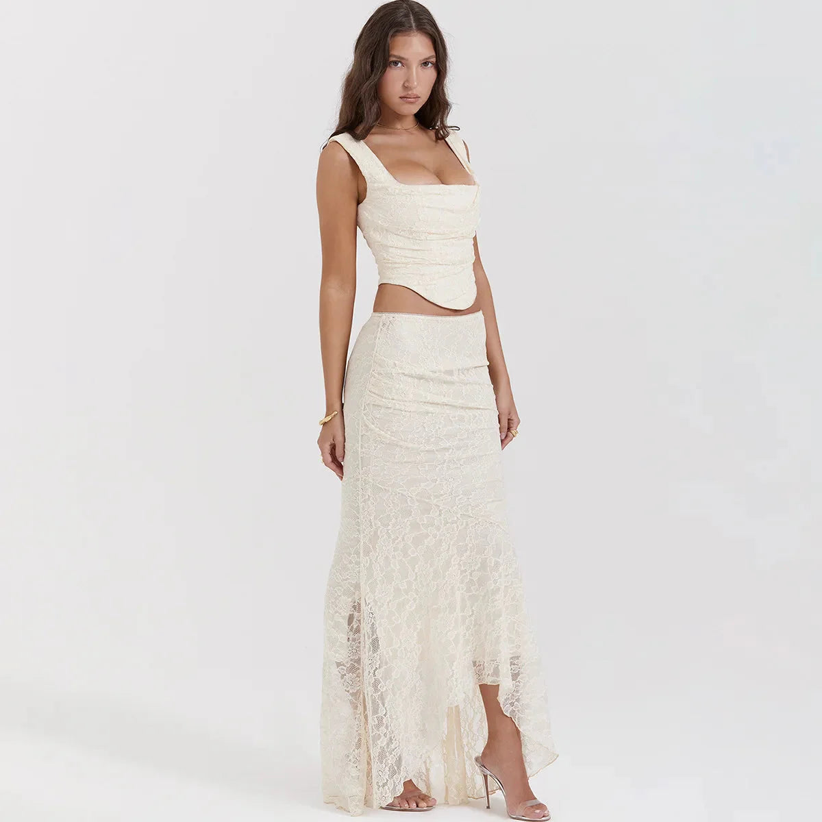 Lace Corset & Asymmetric Midi Skirt Two Piece Coord