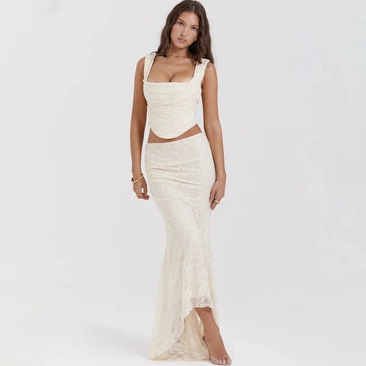 Lace Corset & Asymmetric Midi Skirt Two Piece Coord Cream