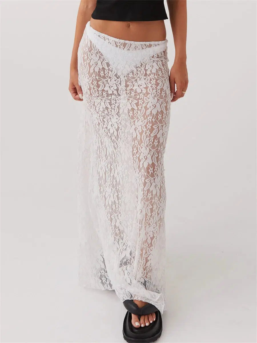 Lace Sheer Low Rise Maxi Skirt White