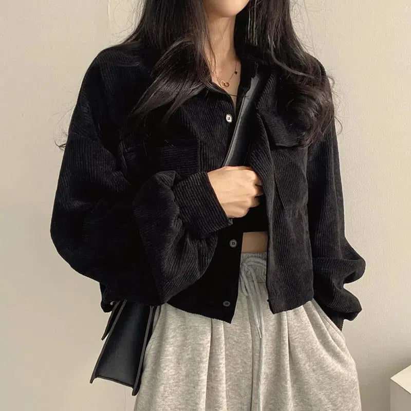 Light Academia Cropped Corduroy Jacket Black