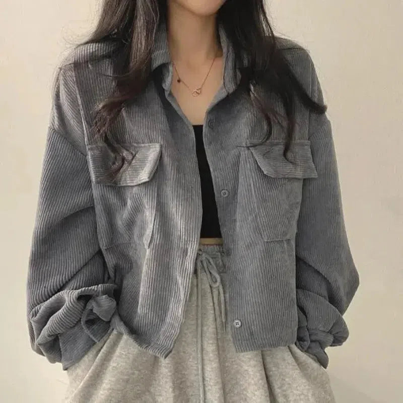 Light Academia Cropped Corduroy Jacket Gray