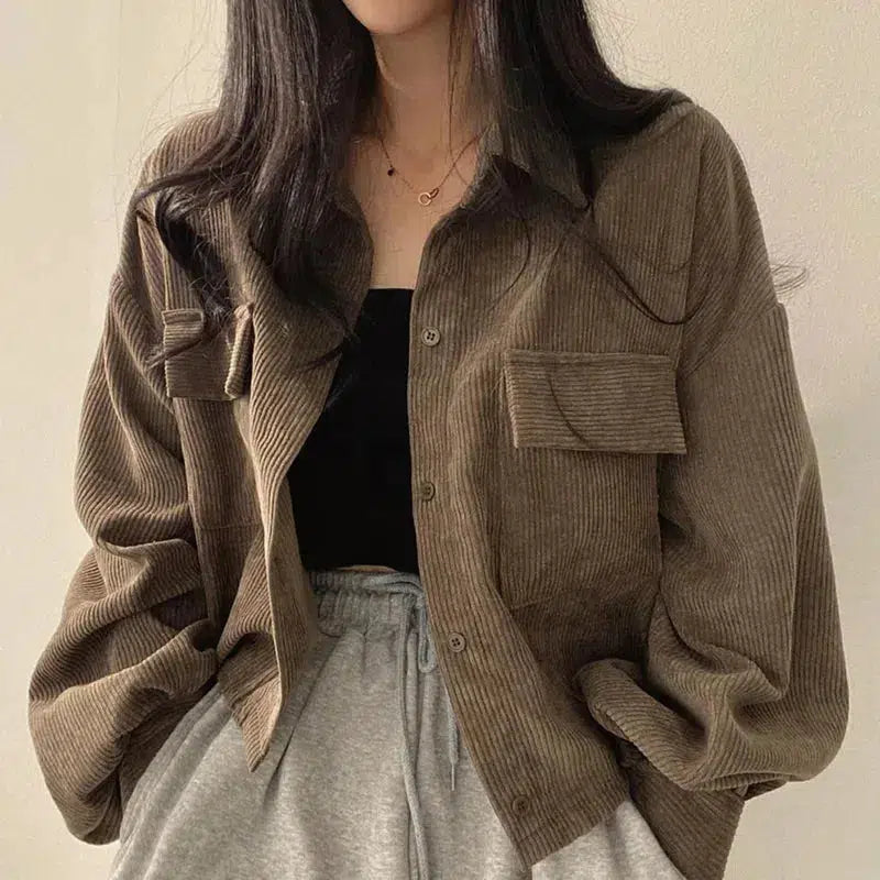 Light Academia Cropped Corduroy Jacket Brown