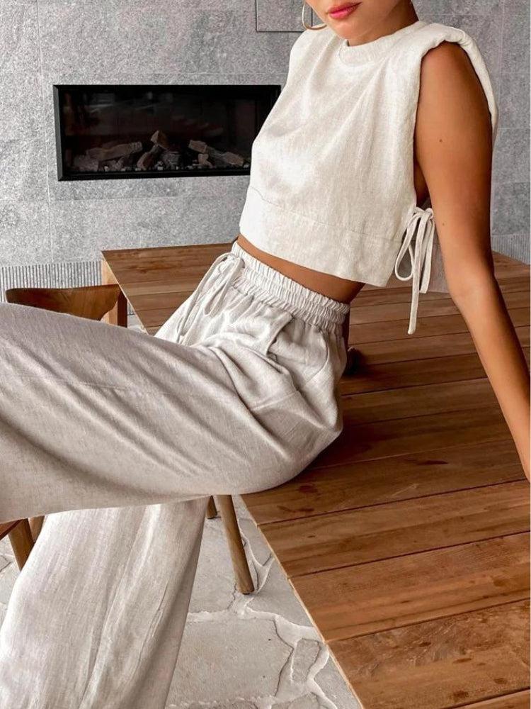 Linen Lace Up Crop Top & Pants Coord