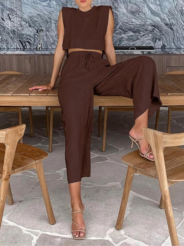 Linen Lace Up Crop Top & Pants Coord Brown