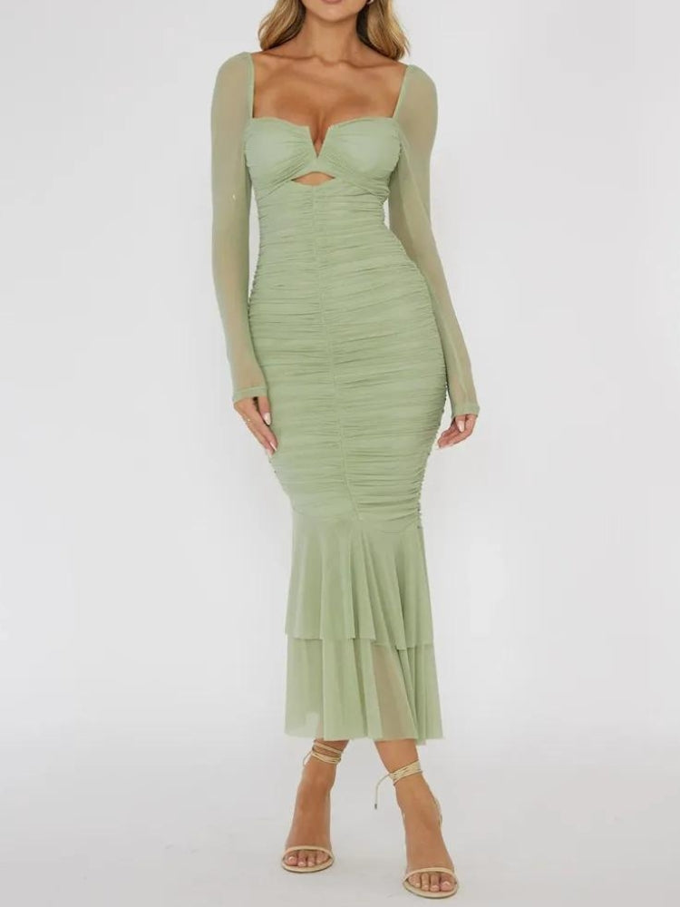 Mesh Ruched Bodycon Midi Dress Green