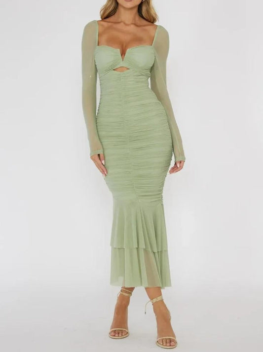 Mesh Ruched Bodycon Midi Dress Green