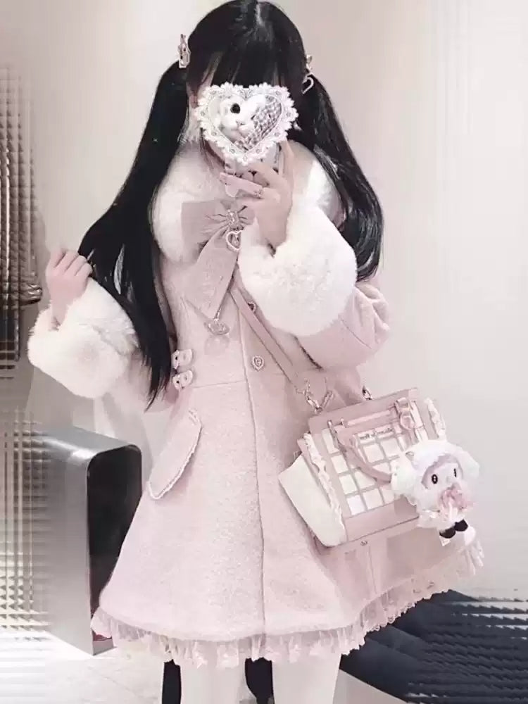 Japanese sweet bow mid-length woolen coat