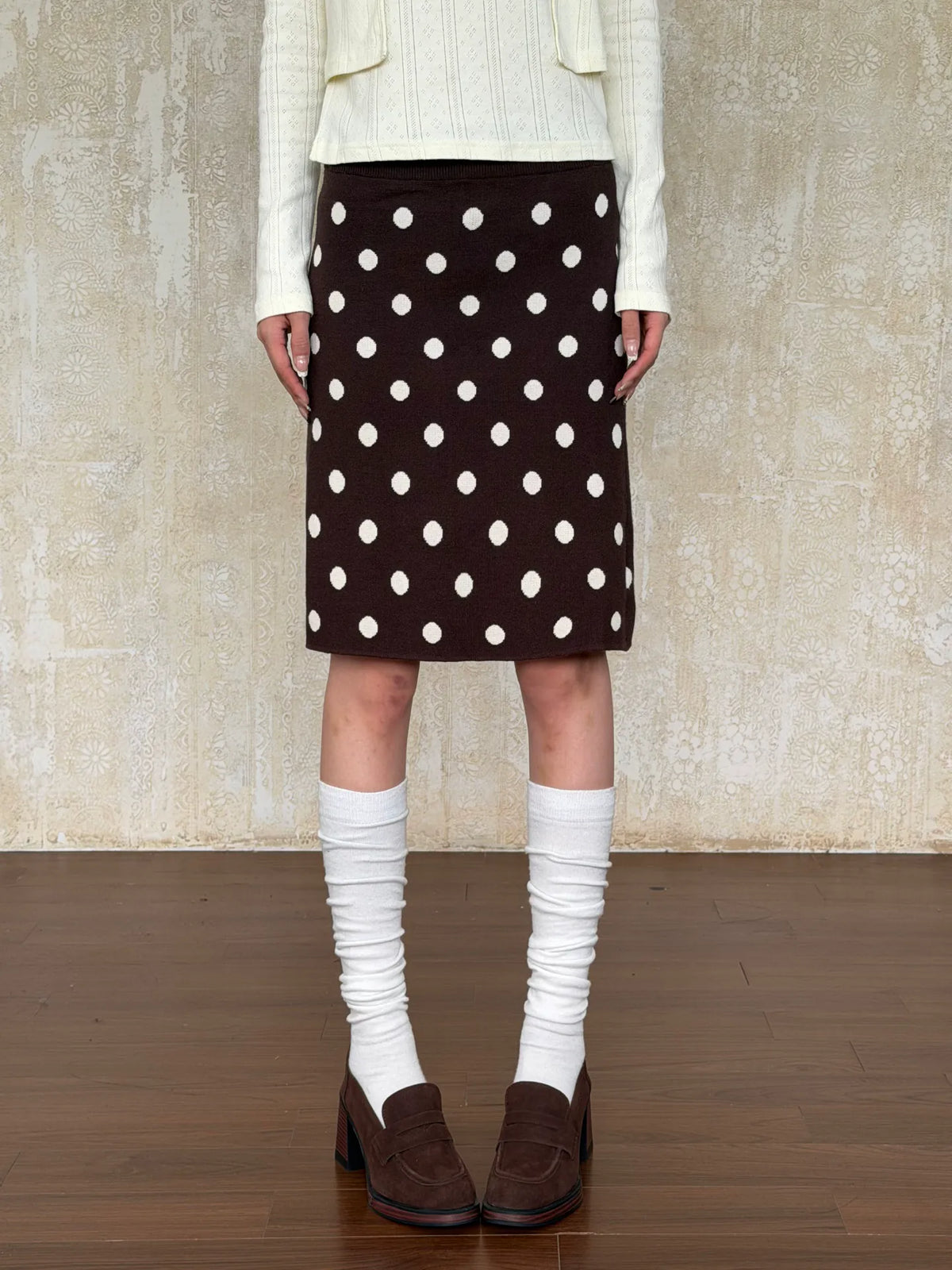 VintageTang French Vintage Polka Dot Knit Skirt, Autumn/Winter Slim-Fit Bodycon Straight Mini Skirt Hao Na 1 - 均码