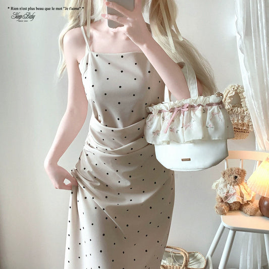 Japanese Single gr* Elegant Japanese-Style Polka Dot Print Pleated Cinched-Waist Slip Dress
