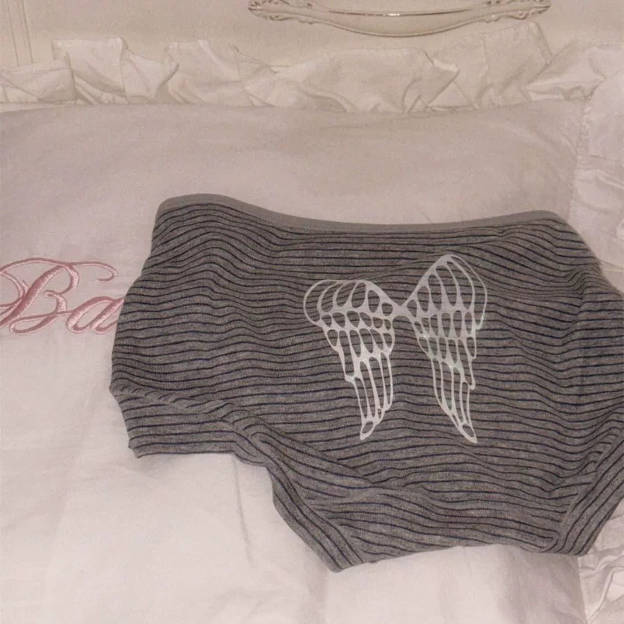Sequin Angel Wings—European &amp; American BM-Style Striped Cotton Stretch Boyshorts, Comfortable, Cute, Sweet, Soft Mid-Rise Women’s Underwear