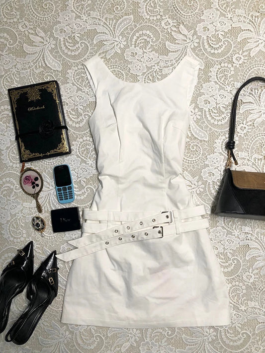 Corset-Waist Slimming White Tank Dress for Women Summer Vintage Y2K Hot-Girl Styling Mini Dress