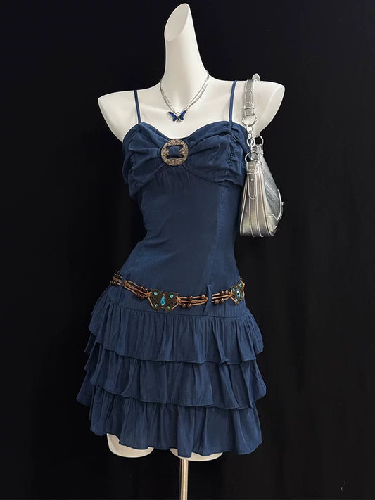 American Vintage “Spicy Girl” Blue Denim Strappy Dress for Women, Fitted Waist, Slimming Short Dress, Summer