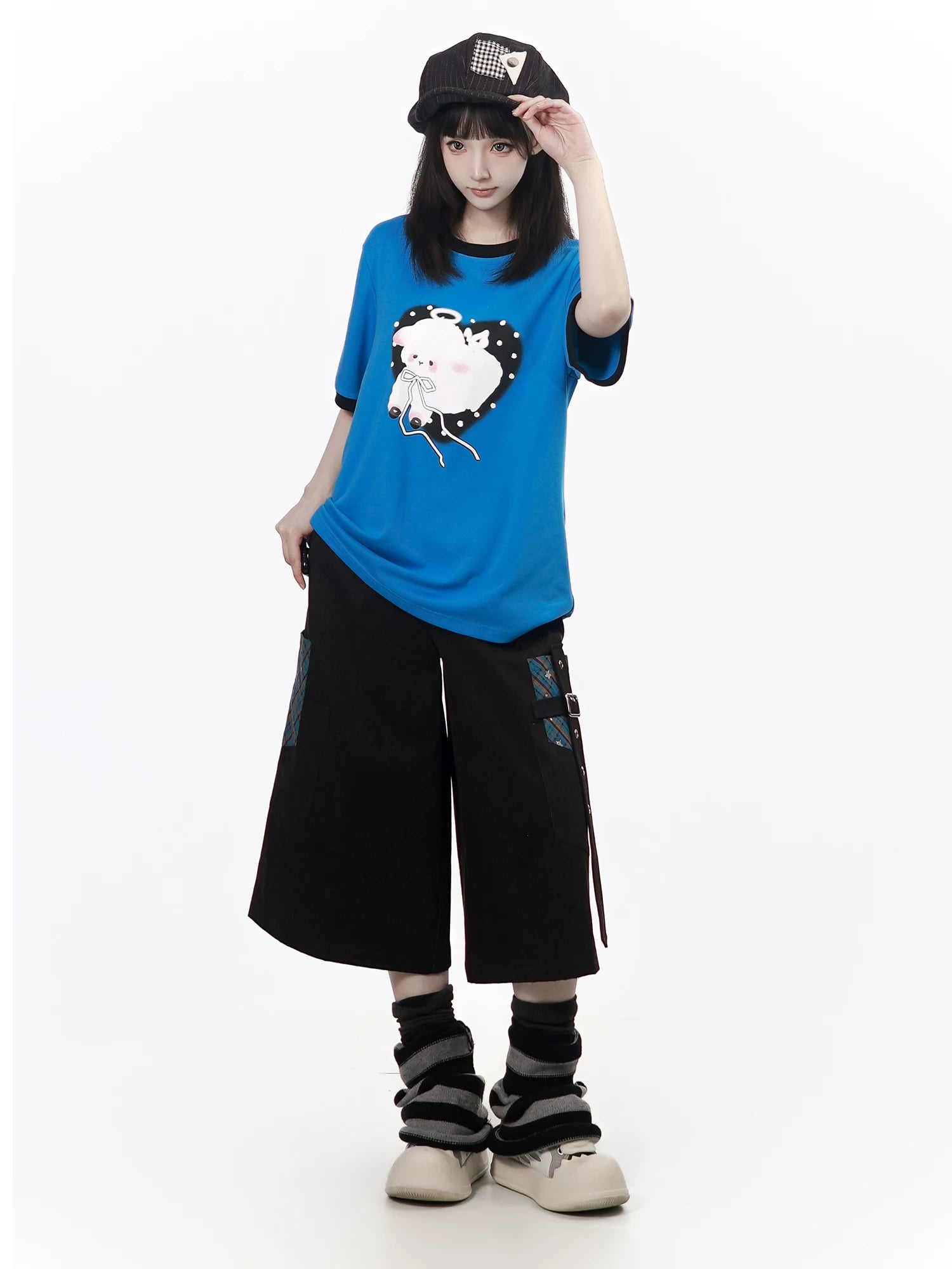 Ships Now【Miexing Story】Custom Color-Block Blue-White Little Lamb Star Pattern Starry Fabric Casual Bottoms