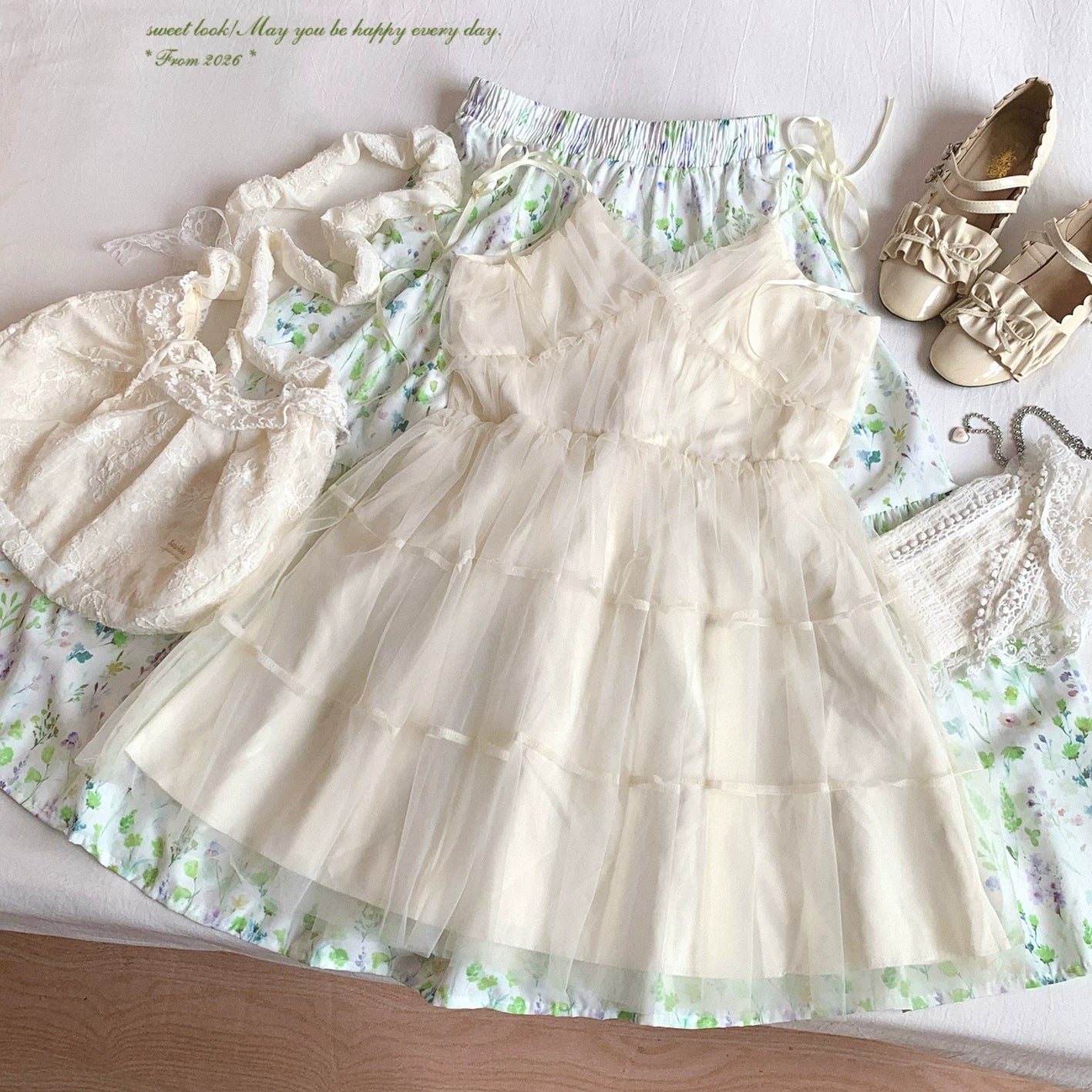 Japanese-Style Design, Lightweight Mesh Panelled Dress with Ribbon Tie Sweet “Pure” Camisole