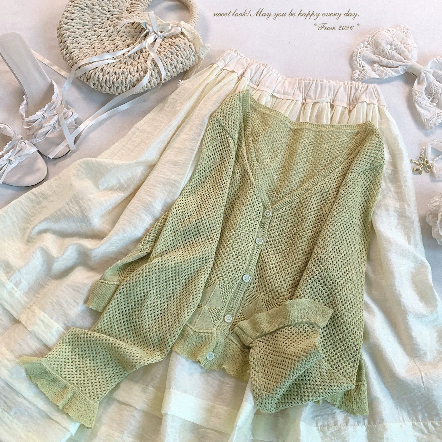 Final Stock Sweet Style Lightweight Ruffle Hem Lace-Trim Knit Cardigan Outerwear