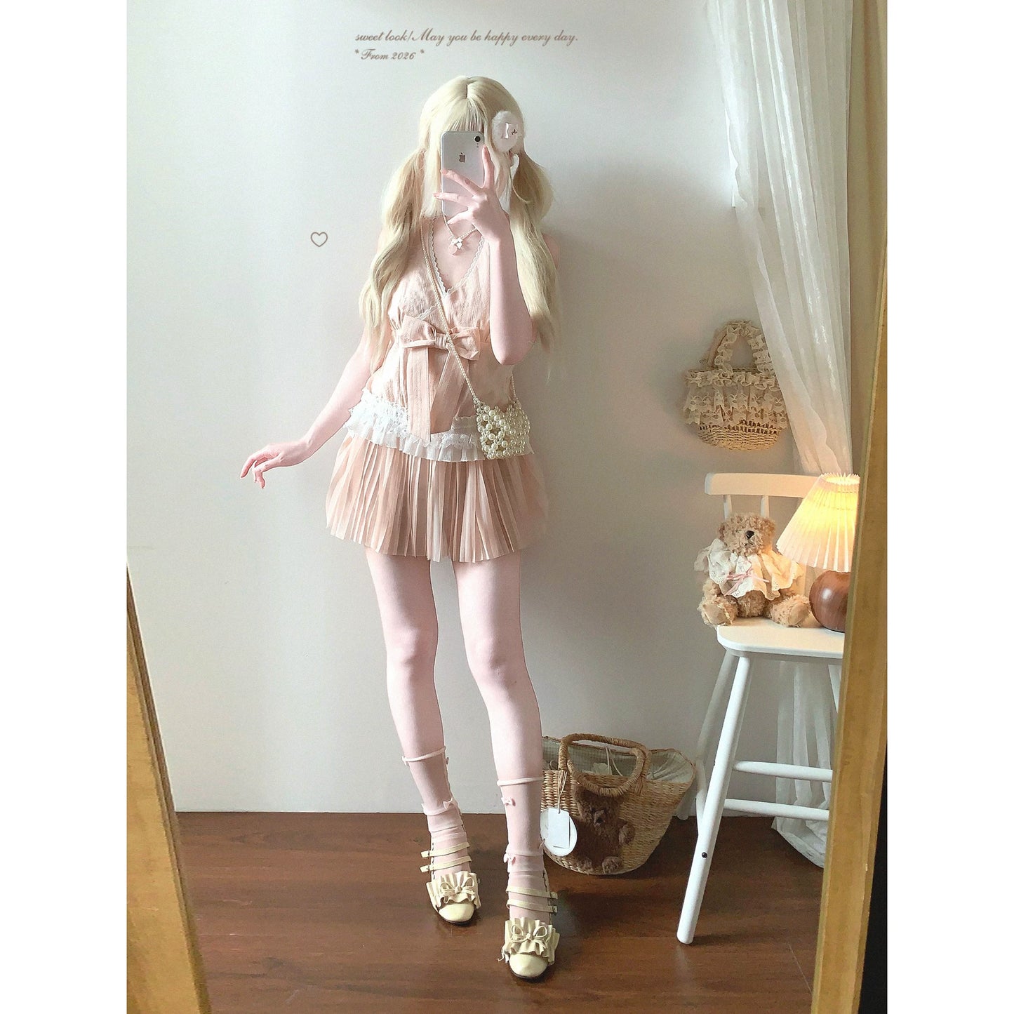 Final-Call Joykik* Pure-Desire Sweet Jacquard Bow Butterfly Tie-Up Off-Shoulder Top
