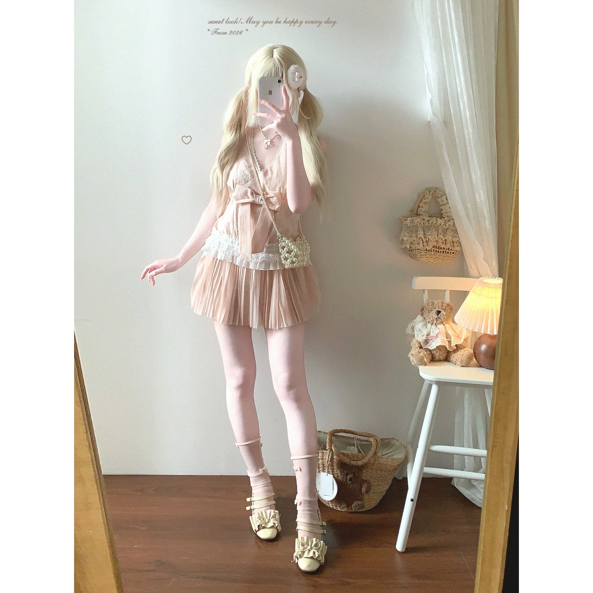 Final-Call Joykik* Pure-Desire Sweet Jacquard Bow Butterfly Tie-Up Off-Shoulder Top