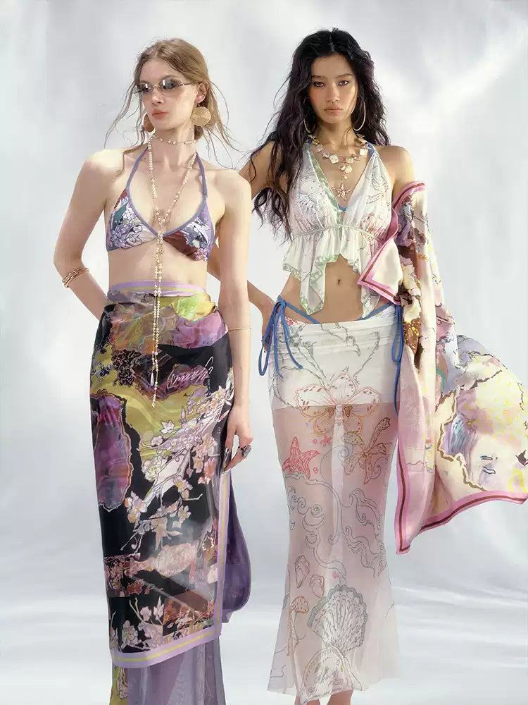 Hand-painted Vintage Satin Square Scarf Tube Top