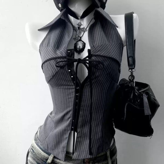 retro style striped stand collar sleeveless shirt