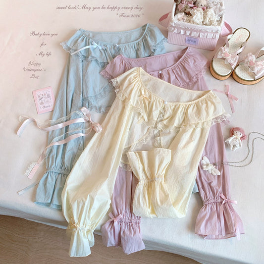 Sleepingdoll Handmade* Lace Ruffle Collar Gentle-Style Tied Ribbon Lace-Up Chiffon Long-Sleeve Cardigan Outerwear