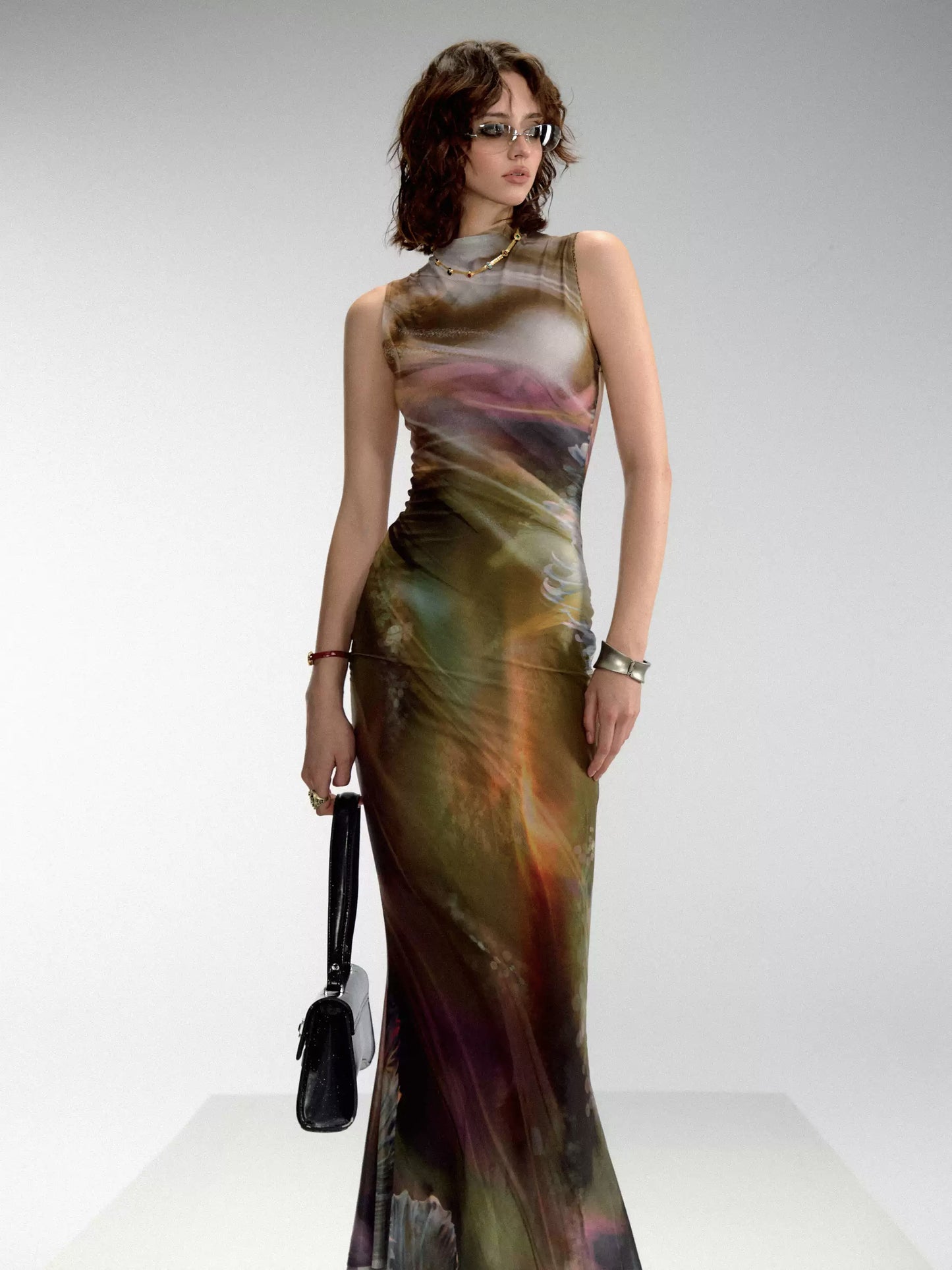 Halo Print Mesh Cheongsam Dress