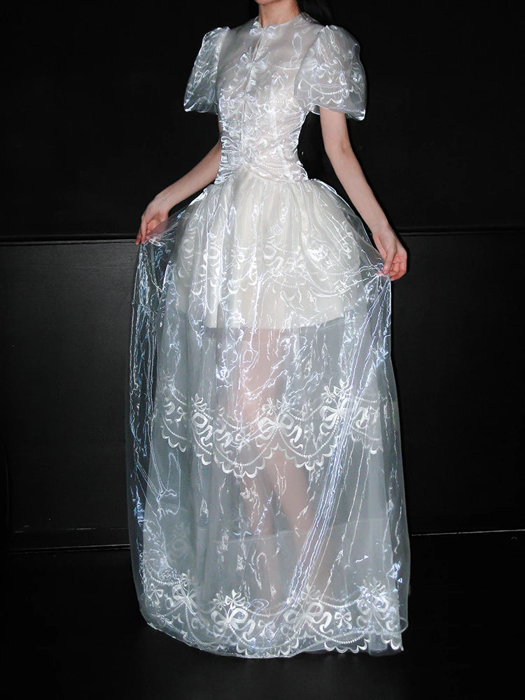 Elegant Bridal Reception Dress for Women, French-Inspired White Lace with Puff Sleeves and Round Neck