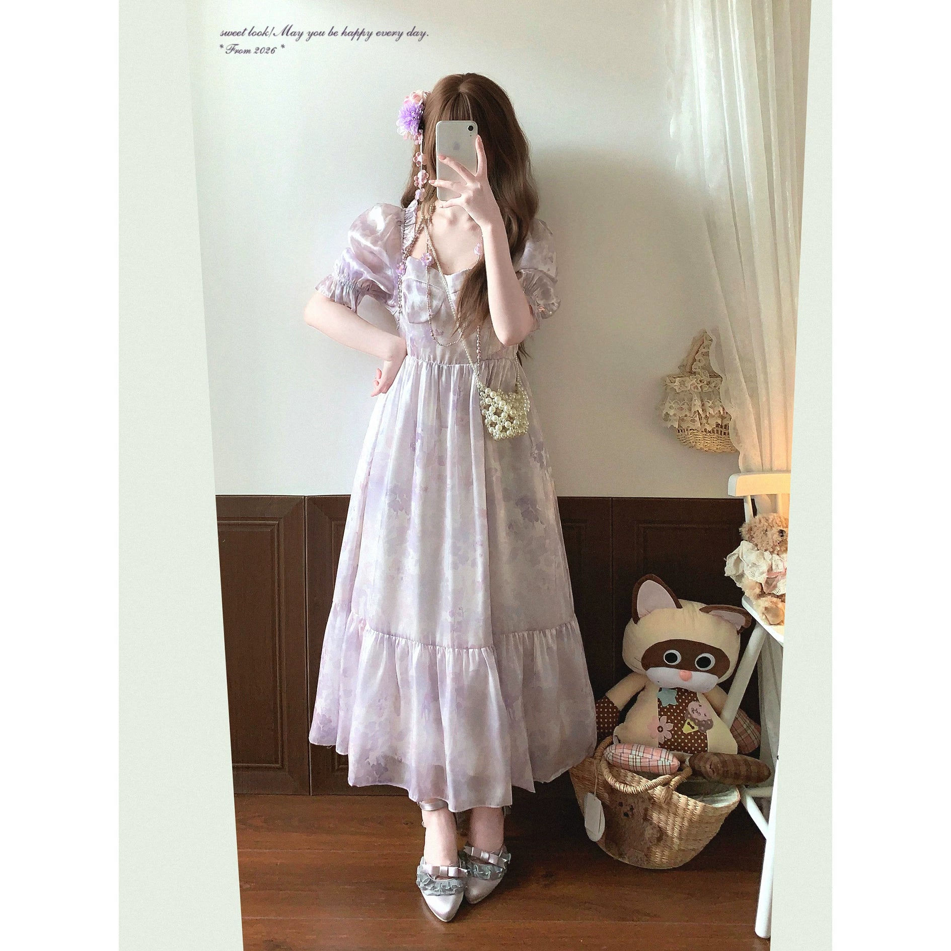 Last-Season Clearance—Vintage Square-Neck Puff-Sleeve Elegant Floral Shimmer Chiffon Dress