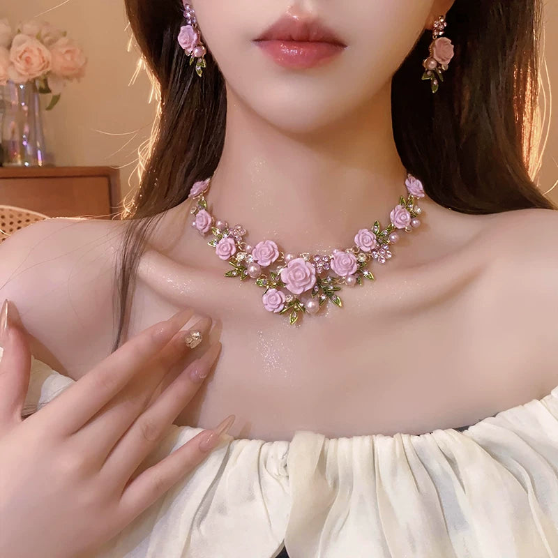 Pearl Collar Necklace with Pink Flowers for Women, Bold Statement Neckwear, 2026 New Fashion Accessory - Pink Set 2 Necklace + Earrings