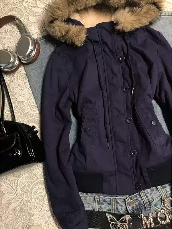 Blue lamb wool hooded jacket