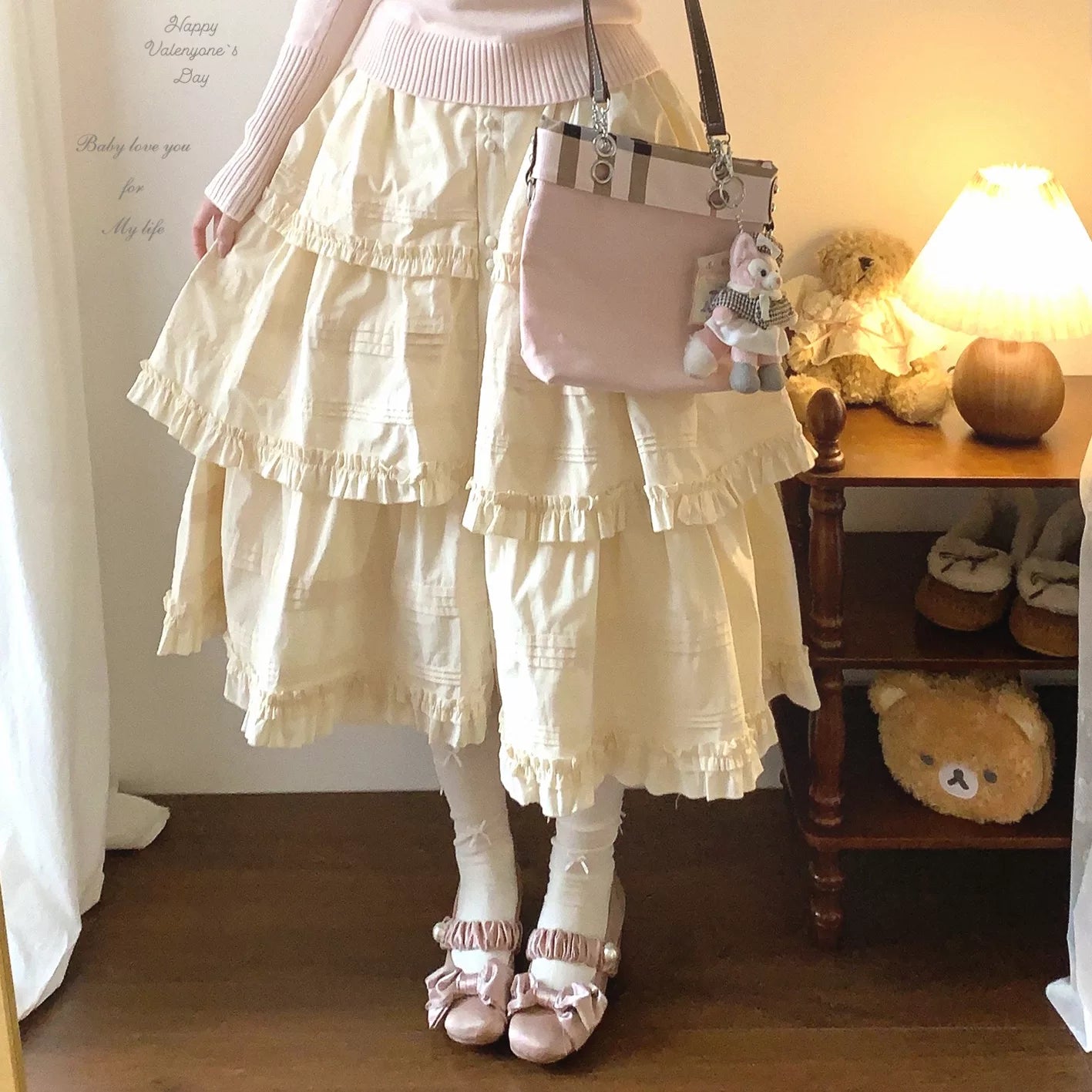 sleepdoll Handmade “Miao Hua Zhi Yuan” Woodland-Inspired Single-Button Sweet Solid Color Pleated Tiered Ruffle Skirt