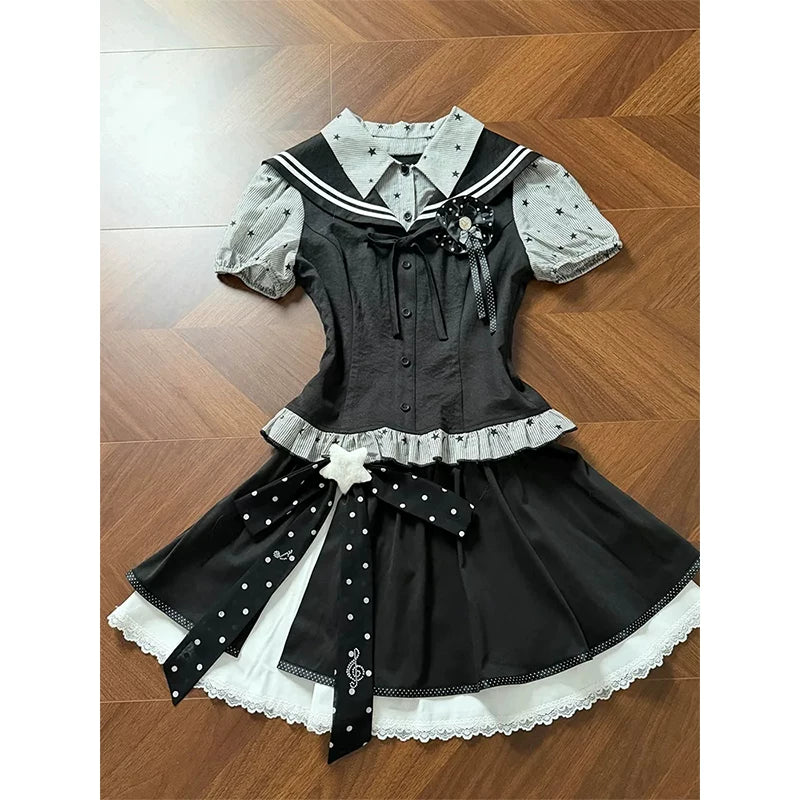 Preppy Navy Collar Fake Two-Piece Star Stripe Short Sleeve Shirt & Mini Skirt Set for Women, Summer 2026 New Arrival