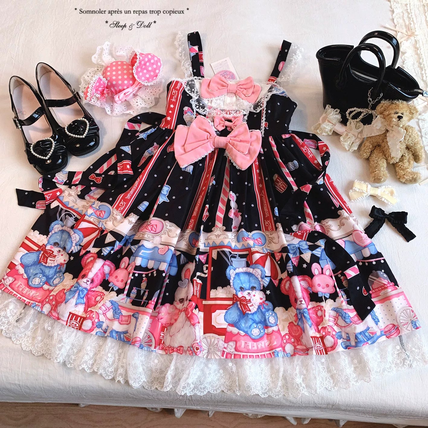 Last-Call BTSN Adorable Popcorn Bear & Bunny Print Patchwork Lace Bow Lolita Dress *f