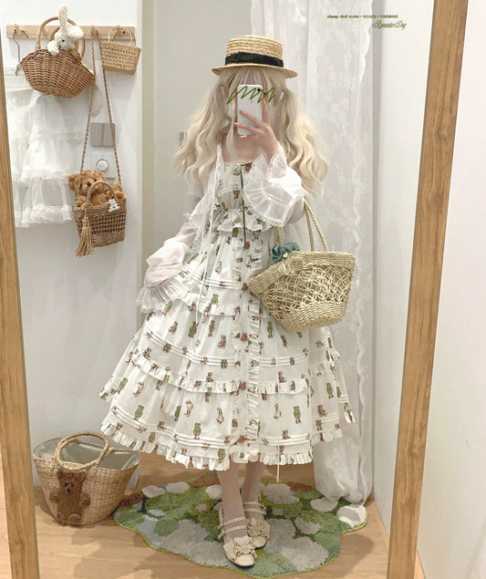 sleepdoll DIY “Goodnight Kiss” by NANA the Rabbit – Bear &amp; Bunny Cotton Fabric Print Ruffle Set White