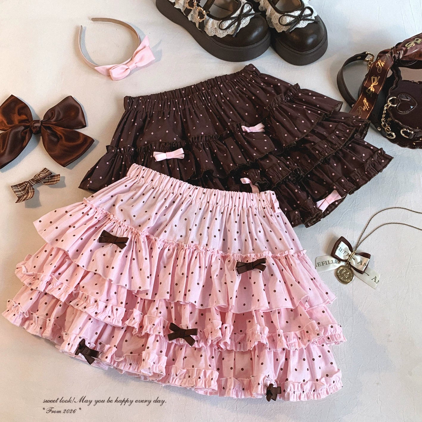 Sleepingdoll Handmade Sweet Vintage Polka Dot Madder Lace-Up Bow Cake Skirt