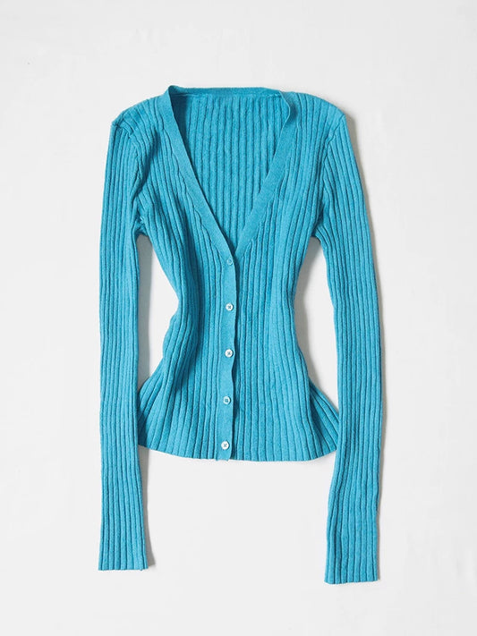 Blue Fitted Knit Cardigan | Button-Up Sweater for Women
