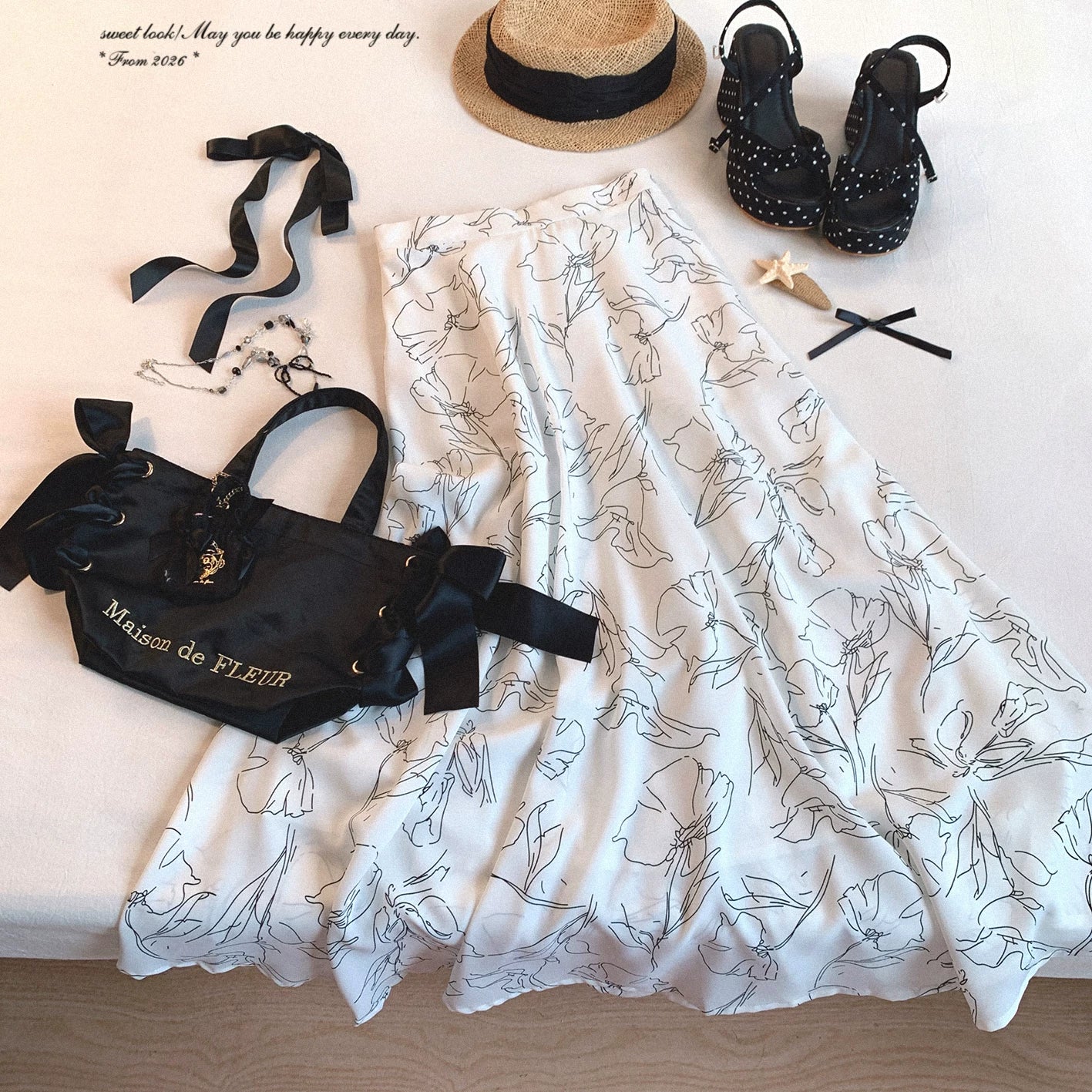 Japanese Single-Line Outline Vintage Flower High-Waisted Ruffled Fishtail Midi Skirt*