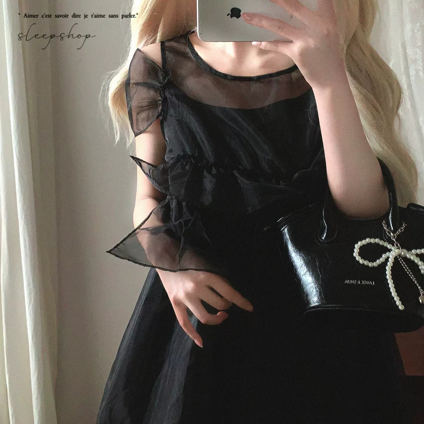 Final Clearance yc Salt* Sweet Bowknot Crew Neck Solid Color Sheer Chiffon Tulle Slip Dress