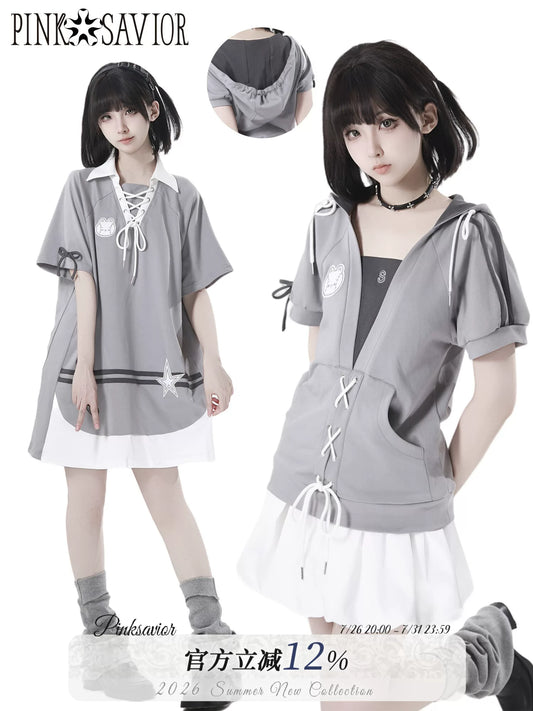 PinkSavior 【Cute Bunny Pitcher】 Grayish Summer Ballgown Dress Outfit with Ruffles, Drawstring Waist and Bow-Tie Belt
