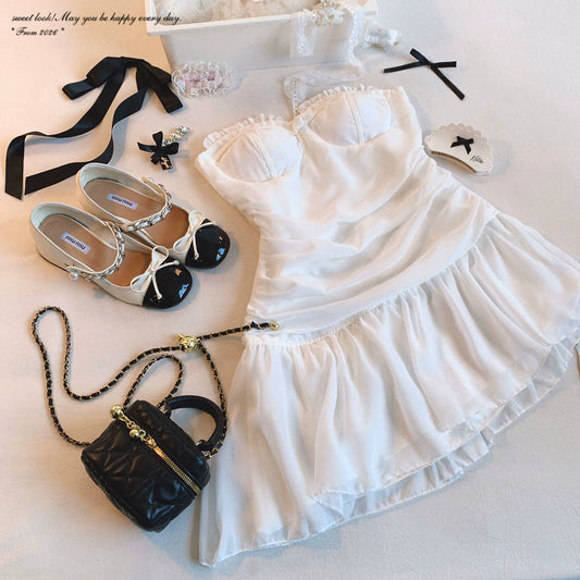 Final Clearance Joykik* Pure-Desire Pleated Elastic Tulle Sweet Irregular Tube Midi Dress