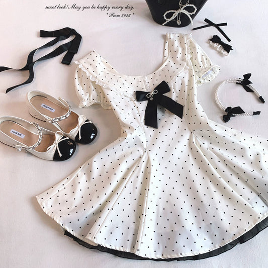 Last-Chance Vintage “Old Money” Style Bow Polka Dot Puff-Sleeve Waist-Tie Dress