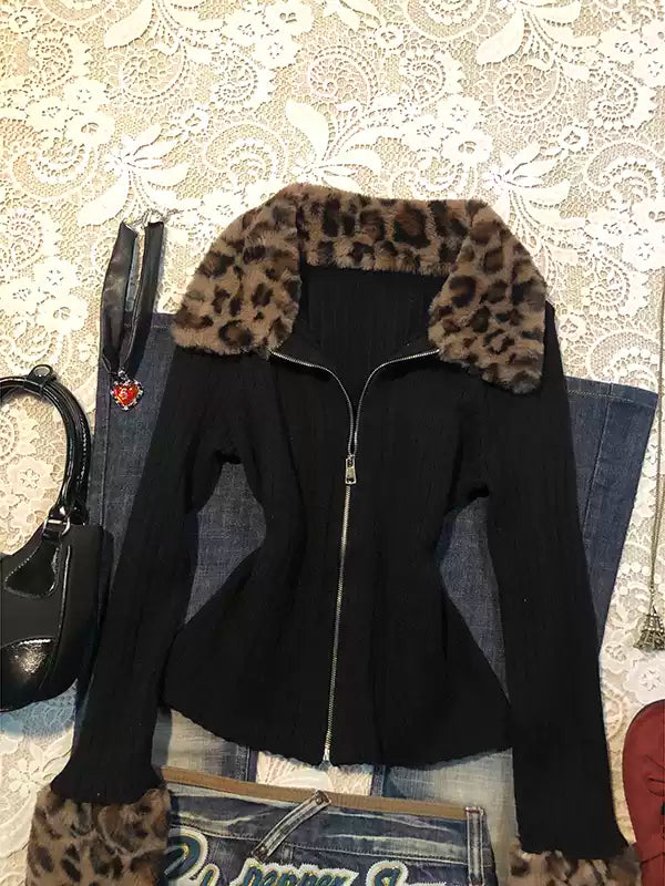 leopard print fur collar knitted cardigan jacket