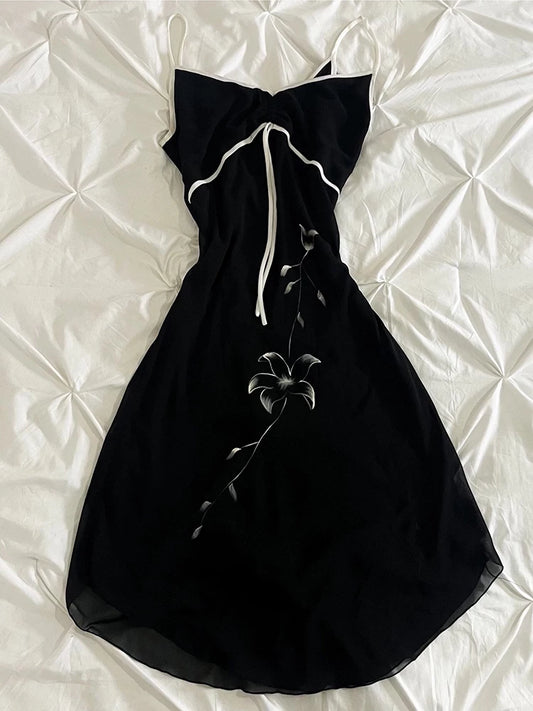 Coconut Maiden Original Black Vintage-Inspired Floral Print Chiffon Slip Dress for Women Summer Waist-Cinching Flattering Long Dress