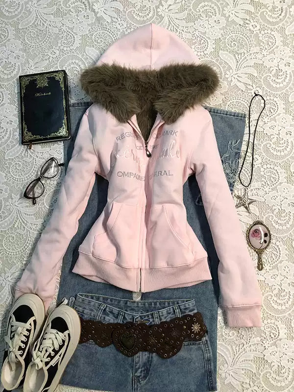 pink velvet hooded sweatshirt jacket