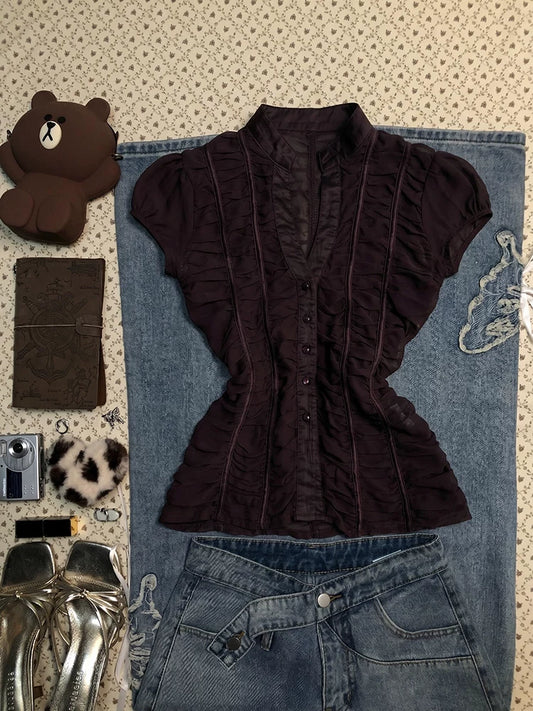 Vintage Brown Puff-Sleeve Blouse for Women, Summer Pleated Shirring Design, Slimming Fitted Top