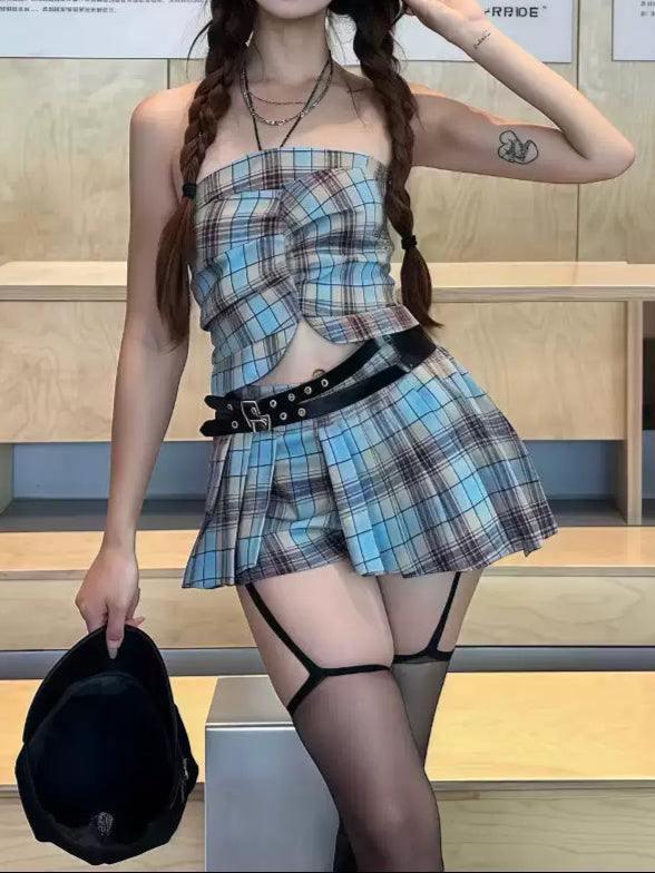 Plaid waist tie belt metal irregular pleated culottes