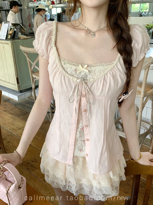 Square Neck Puff Sleeve Peplum Top | Coquette Faux Two-Piece Vintage Blouse