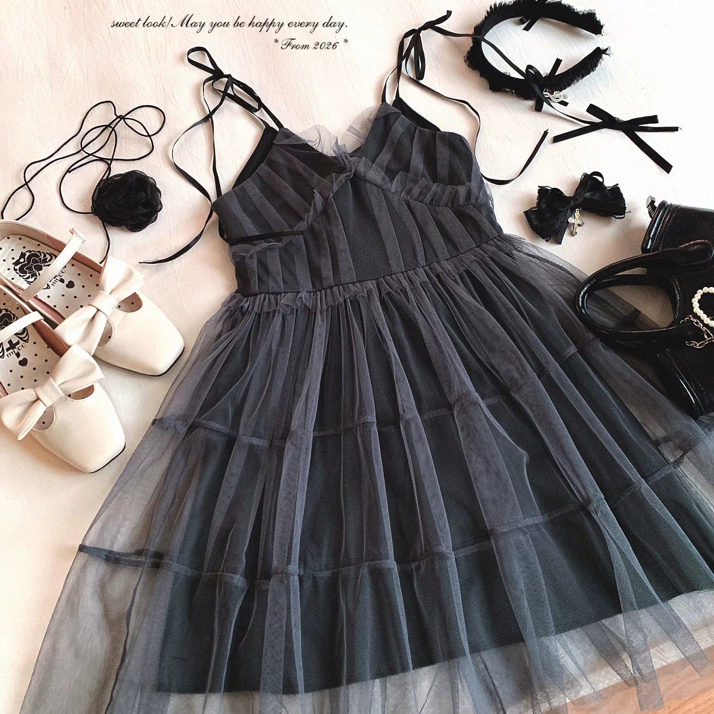 Japanese-Style Design, Lightweight Mesh Panelled Dress with Ribbon Tie Sweet “Pure” Camisole