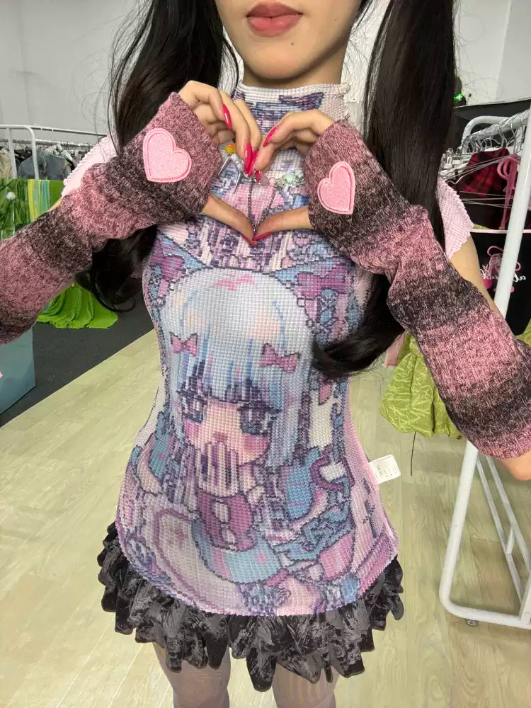 y2k star embroidered striped fur sleeves