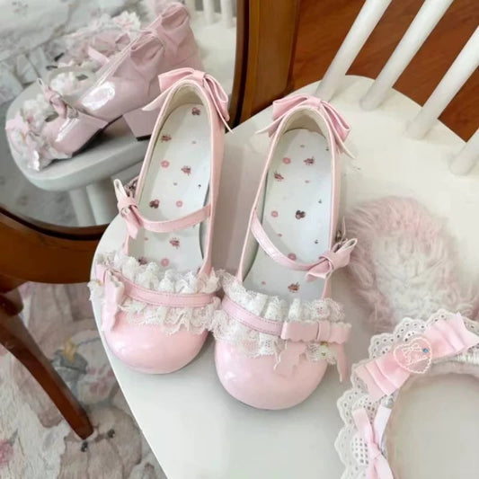 Sweetheart Tales Lolita Shoes Cute Japanese Style Lace Mary Janes for Women, Mid-Heel Chunky Heel