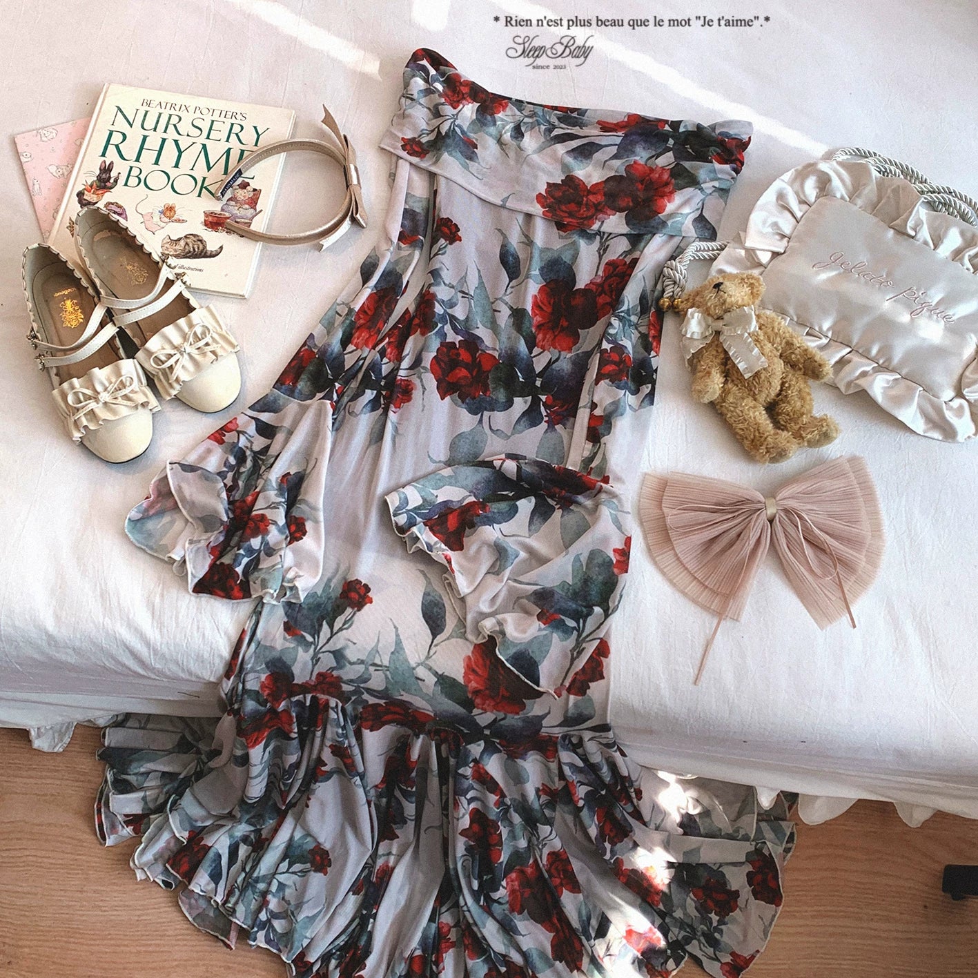 Final-Stock GDRX French Romantic Rose Print Elegant One-Shoulder Off-V-Neck Bell Sleeves Bodycon Mermaid Dress